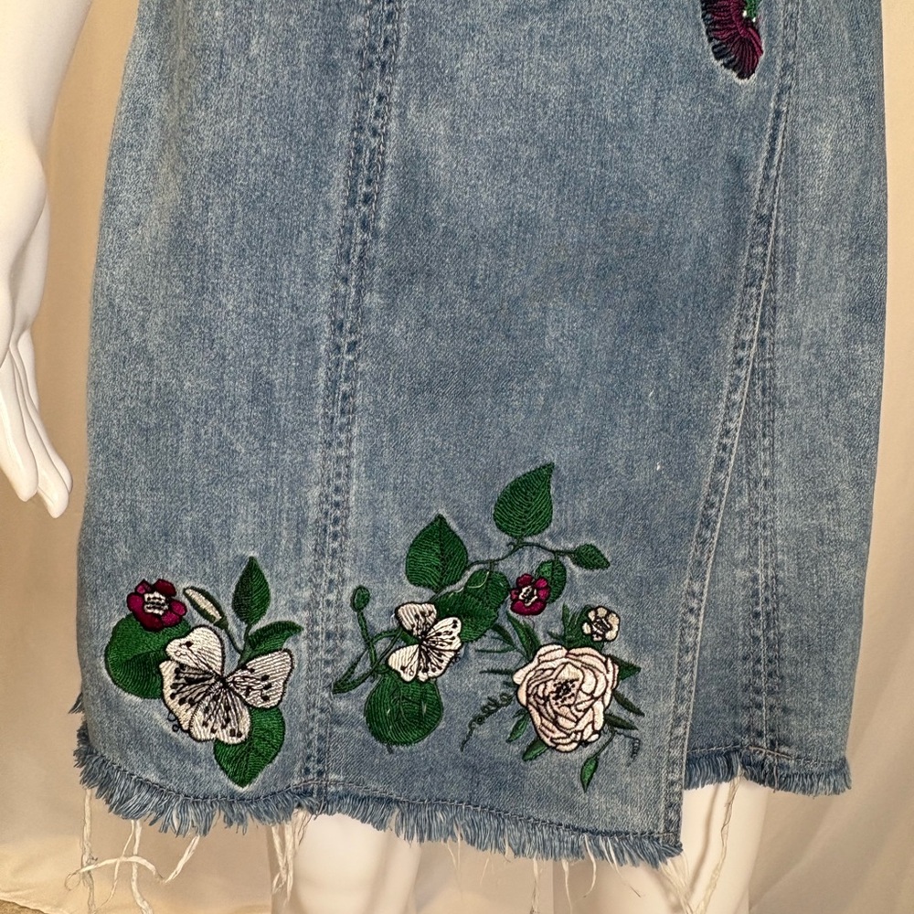 H&M X Coachella Floral Embroidered Denim Overall Dress Size 12 Wrap Front Belt - Picture 6 of 13